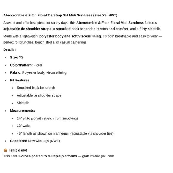 Abercrombie & Fitch SZ XS Floral Tie Strap Slit Midi Sundress NWT - Picture 7 of 7